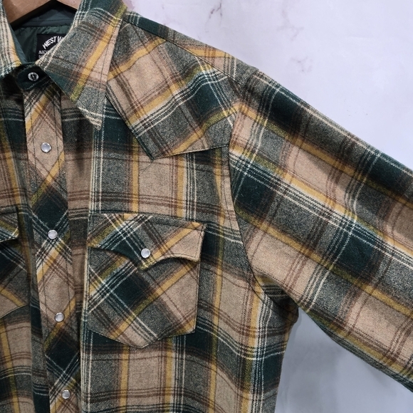 West Wool Shirt Mens XL Long Yellow Green 70s Pearl Snap Plaid Western Point - Picture 9 of 12
